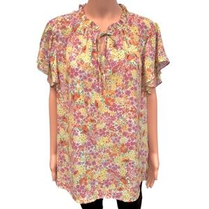 CYNTHIA ROWLEY Colorful Floral Ruffle Short Sleeve Front Tie Blouse NWT 3X